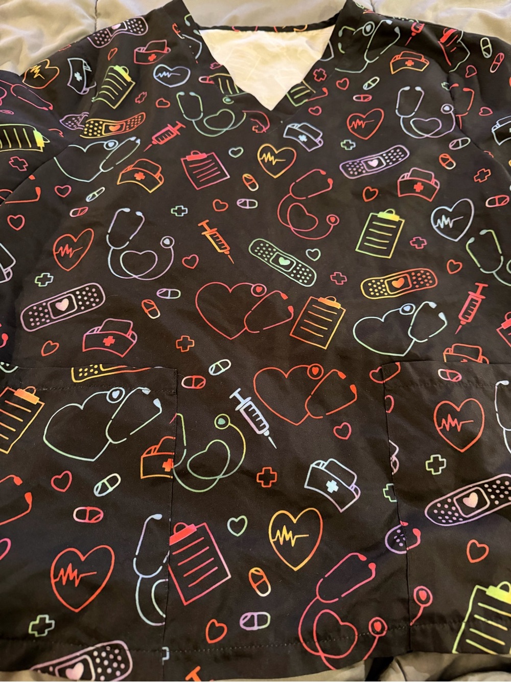 XL Black Scrub Top with Neon Healthcare Print